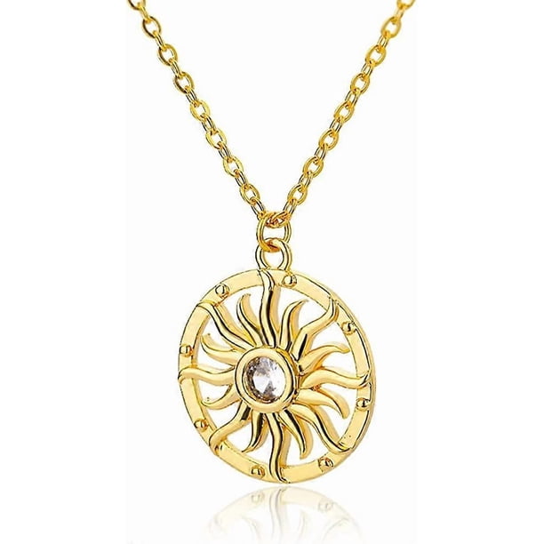 Double Chains Moon and Sun Layered Choker Necklace Sunflower Opal Pendant Necklace Gift for Women - -