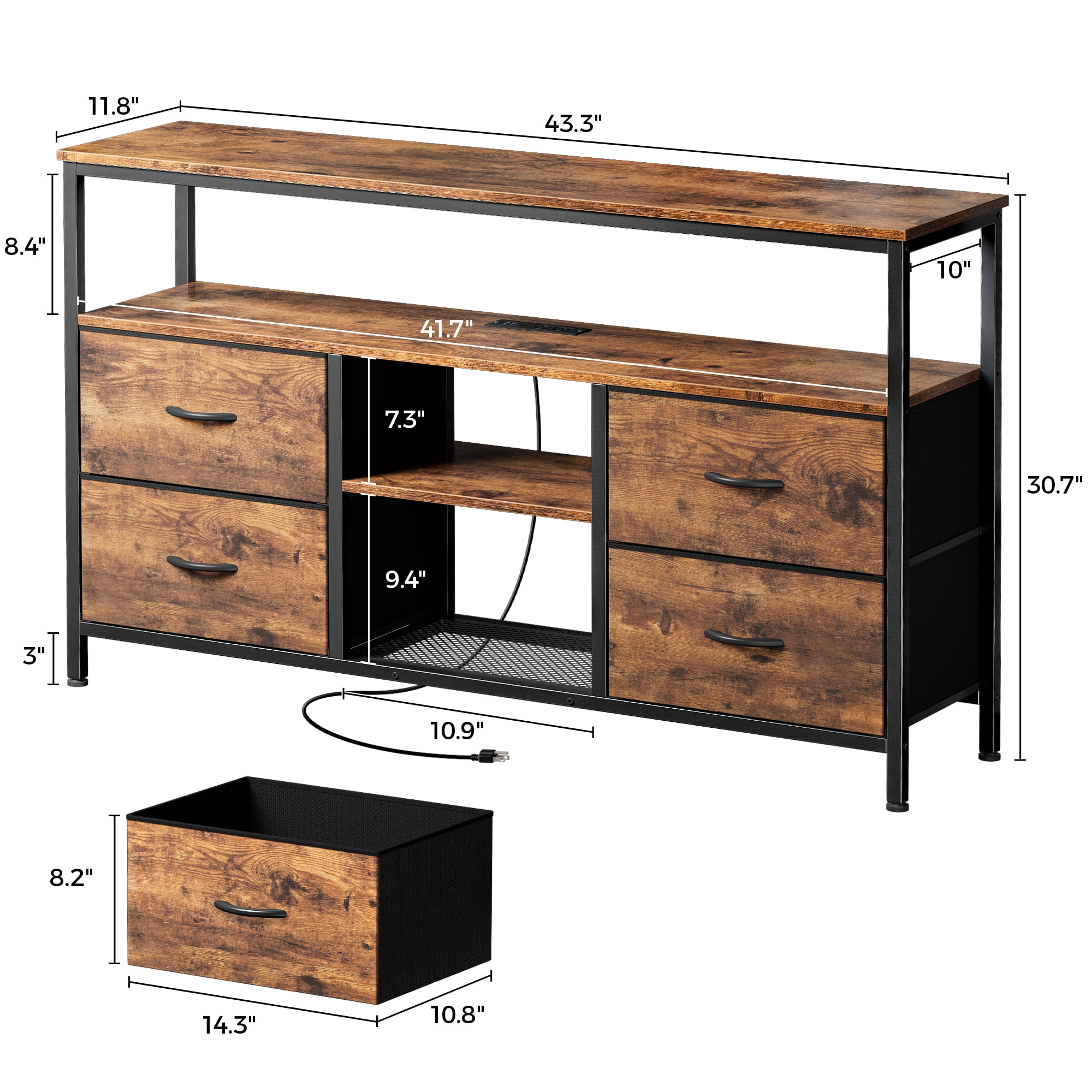Amadwell TV Stand with Power Outlets & LED Lights, 4 Drawer Dresser Entertainment Center, Media Console with Open Shelf