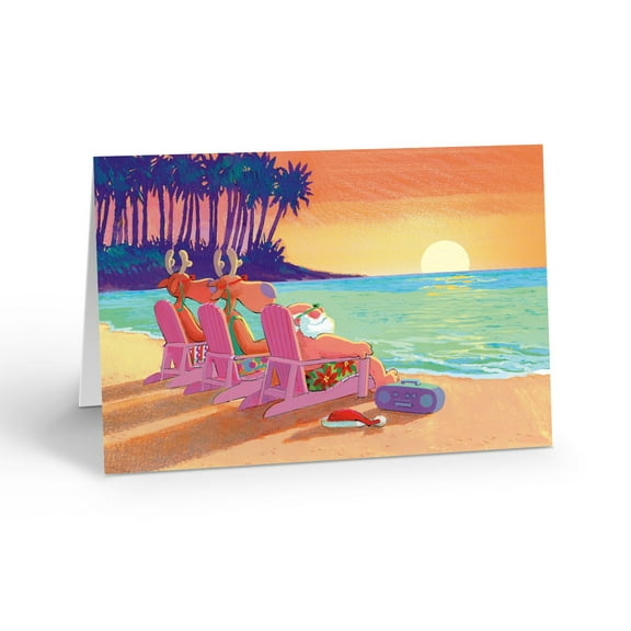 Santa and Reindeer at the Beach Watching the Sunset Greeting Card - 18 Cards wit