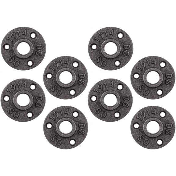 Ironwerks Designs 1/2" Floor Flange Malleable Cast Iron Pipe Threaded Industrial Fittings, 3 Holes, Black, Pack of 8