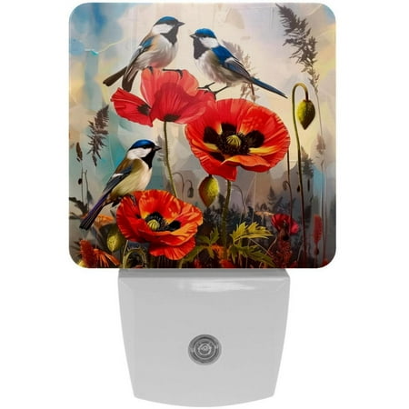 PhooArto Birds and Poppy Floral Plug in LED Night Light Auto Sensor Dusk to Dawn Decorative Night for Bedroom Bathroom Kitchen Hallway Stairs Baby s Room Energy Saving