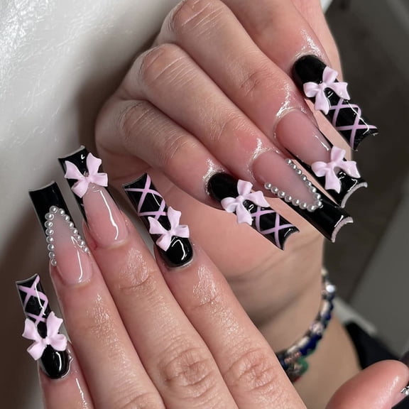 Coffin Long Glossy Full Covers Acrylic Square French False Nails with Bows Designs Artificial Nails