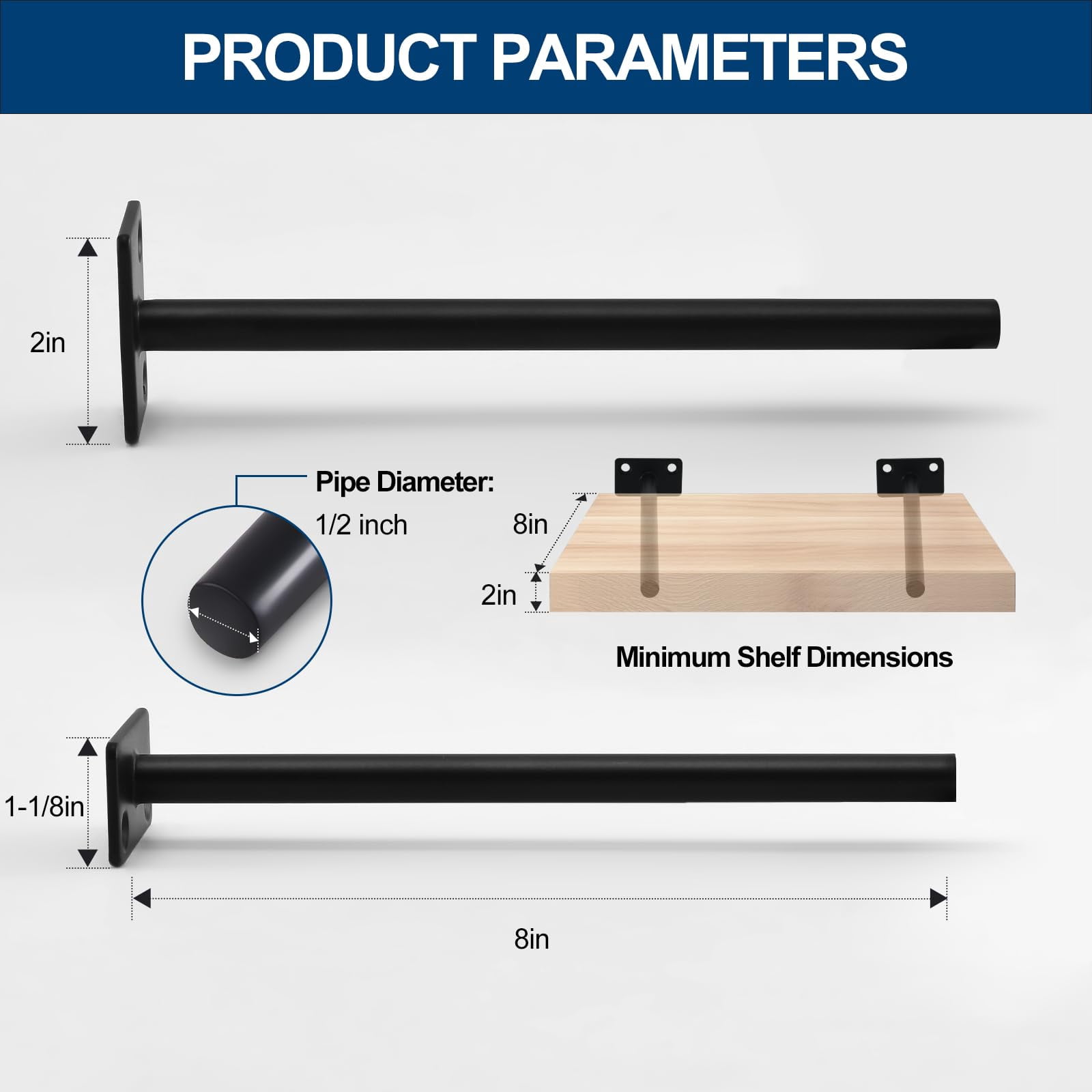 8 8" Black Solid Steel Floating Shelf Bracket Blind Supports - Brackets For Wood Shelves Concealed Support Screws And Wall Plugs Included