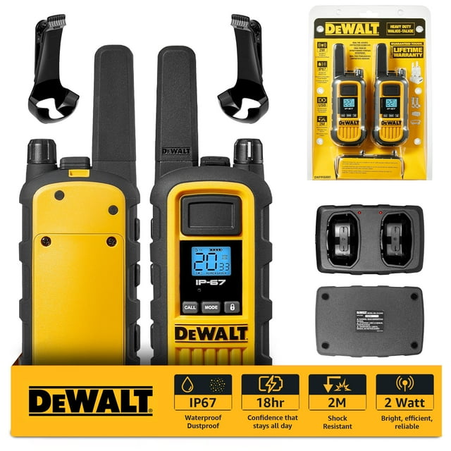 DeWalt DXFRS800 Heavy-Duty Walkie Talkies with Charging Dock (2 Radios) - 2W Rechargeable Long Range Two-Way Radios, Waterproof