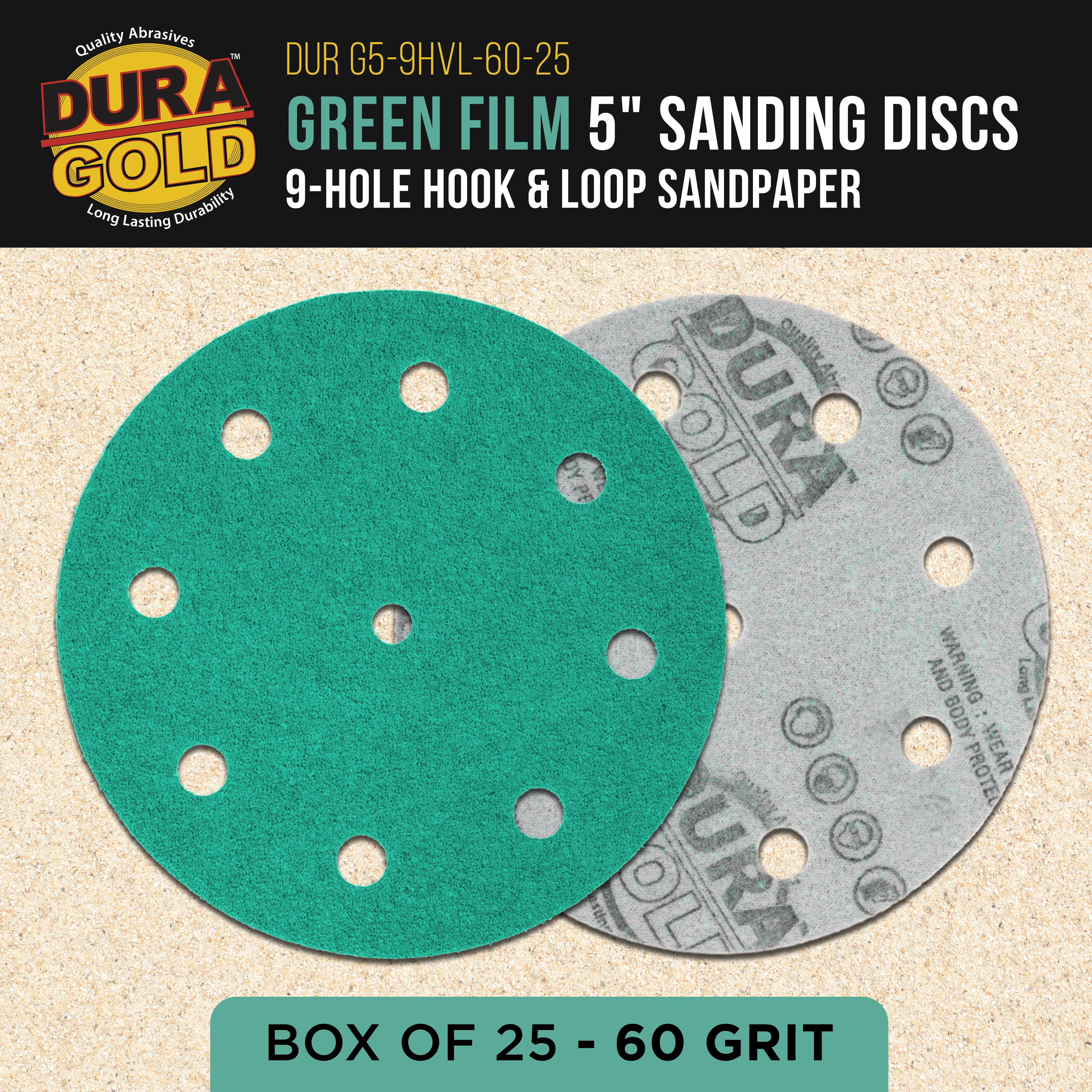 Dura-Gold Premium 60 Grit 5" Green Film Sanding Discs, 9-Hole Pattern, Box of 25 - Heavy-Duty Dustless Hook & Loop Backing Sandpaper for DA & Random Orbital Sanders, Sand Auto Paint, Wood, Furniture