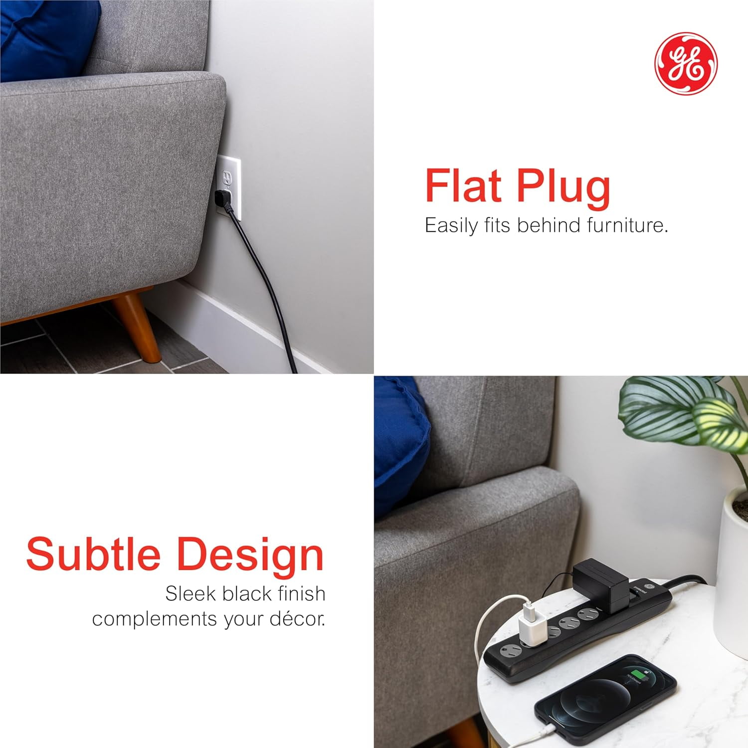 GE 6-Outlet Surge Protector, 10 Ft Extension Cord, Power Strip, 800 Joules, Twist-to-Close Safety Covers, Protected Indicator Light, ETL Listed, Black, 37442
