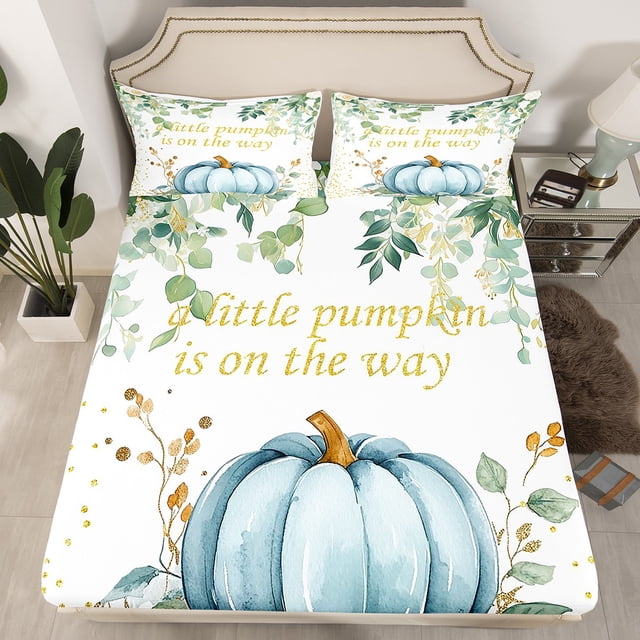 YST Ensemble de Literie Format Grand Citrouille d'Automne, Draps de Lit Feuilles d'Eucalyptus d'Automne pour Enfants Ados Adultes, Drap-Housse Récolte de l'Action de Grâce Paillettes Dorées Ensemble de Lit Campagnard Déco Rustique de Ferme