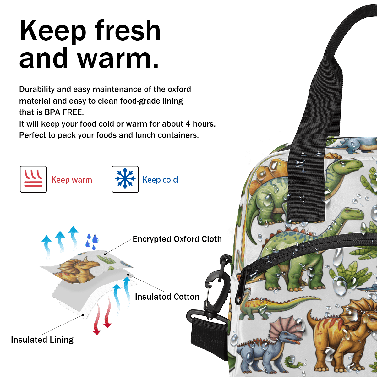 Herdesigns Dinosaur Insulated Lunch Bag for Women Men Adults Large Reusable Lunch Box Dinosaur Theme Leakproof Cooler Tote Bags with Adjustable Shoulder Strap