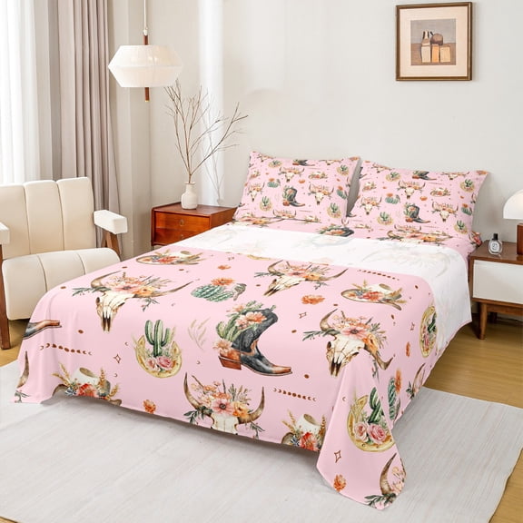 Feelyou Kawaii Pink Cowgirl Twin Sheet Sets, Tribal Western Cowboy Twin Fitted Sheet, Flower Skeleton Skull Flat Sheet, Ultra Soft Bedroom Decor, 3pcs