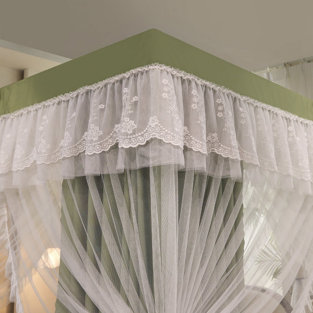 4 Corners Post Solid Color Bed Canopy Curtain Double Layer-Curtain & Ruffle Princess Mosquito Net 4 Opening Netting for Girls Teens Or Adults Bedroom Decoration, Sage, California King