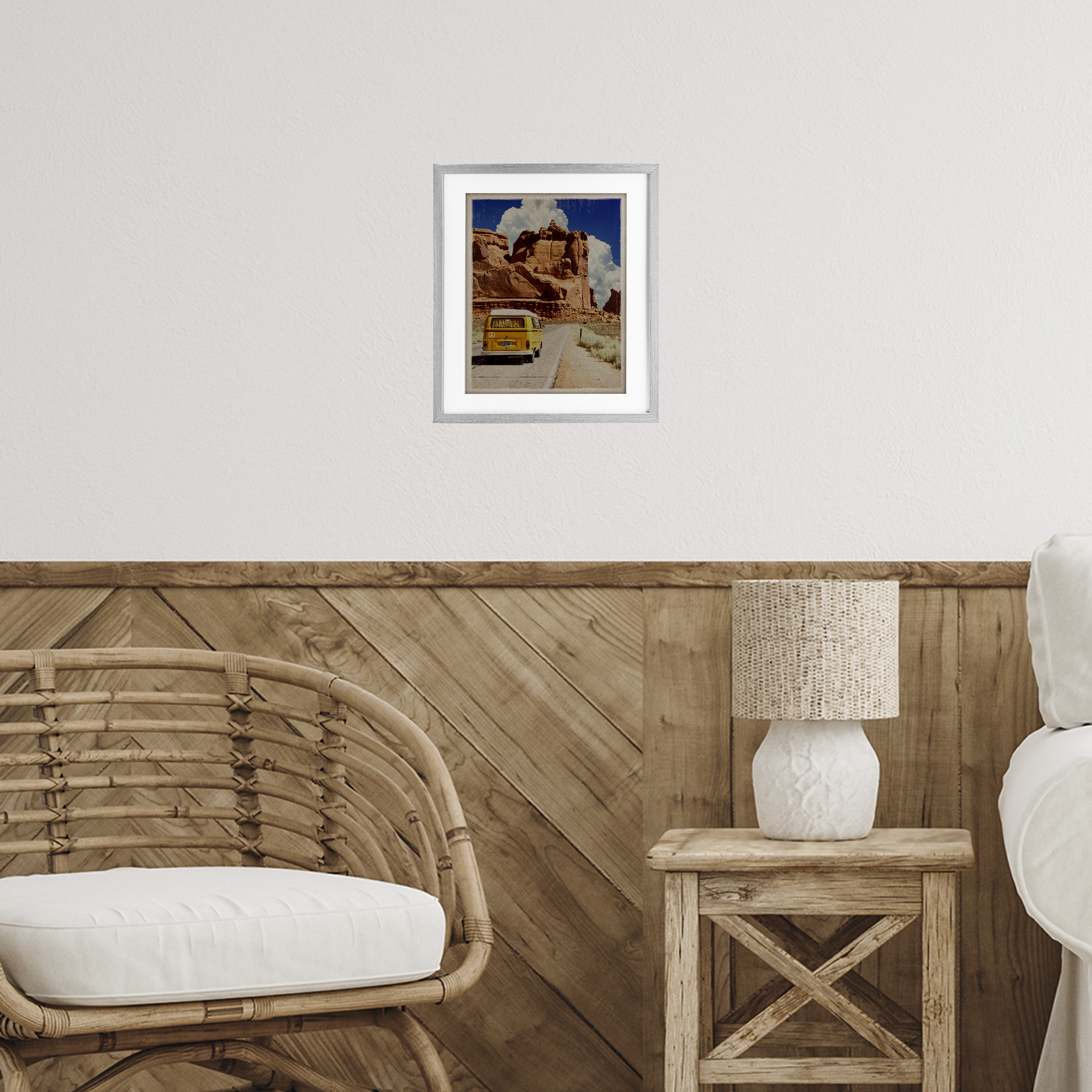 Retro Desert Adventure Gray Framed Print Under Glass, design by Old Red Truck