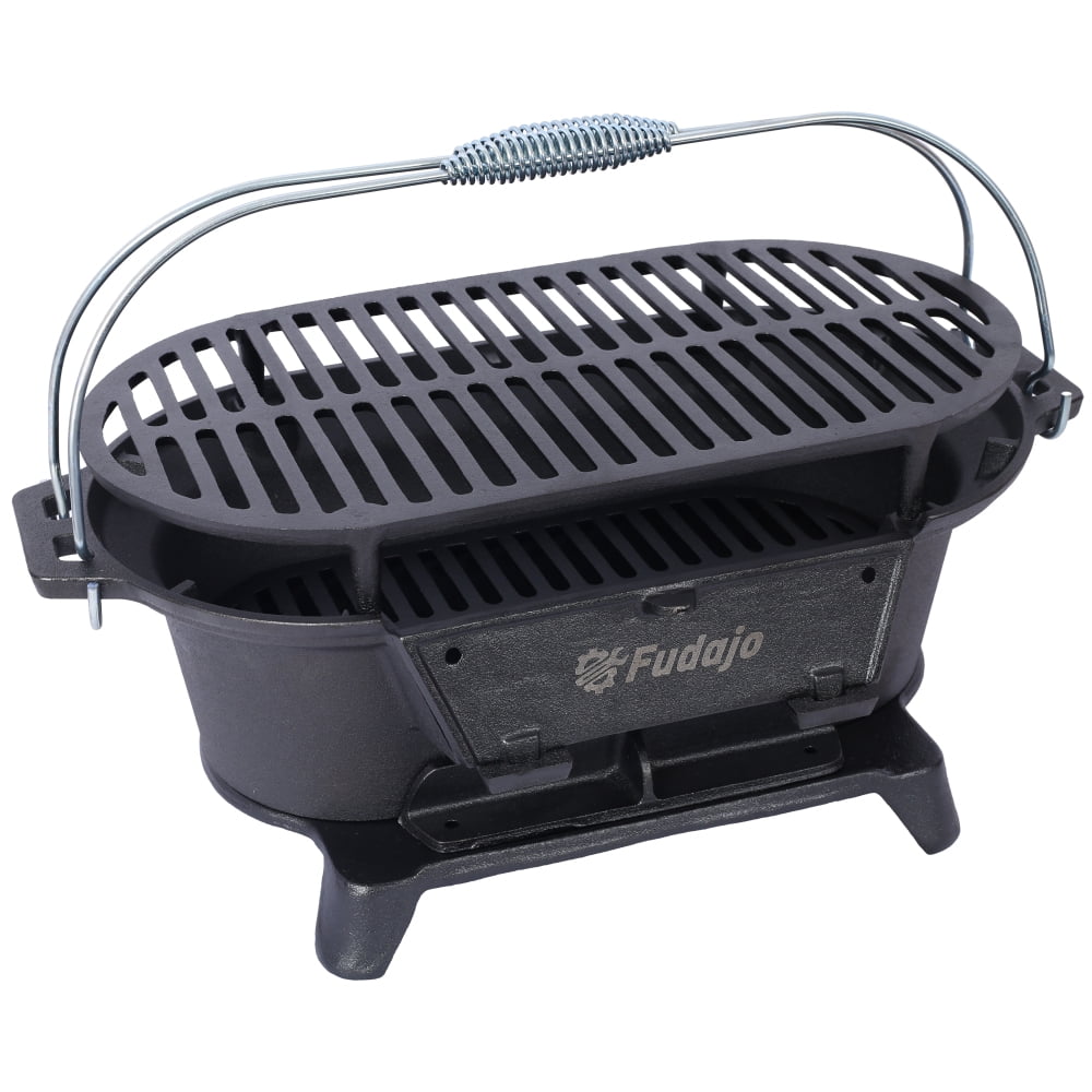 Portable Cast Iron Grill - Dual-Use Rectangle Hibachi & Tabletop Skillet, Enameled Outdoor Charcoal Grill for Camping/Tailgating
