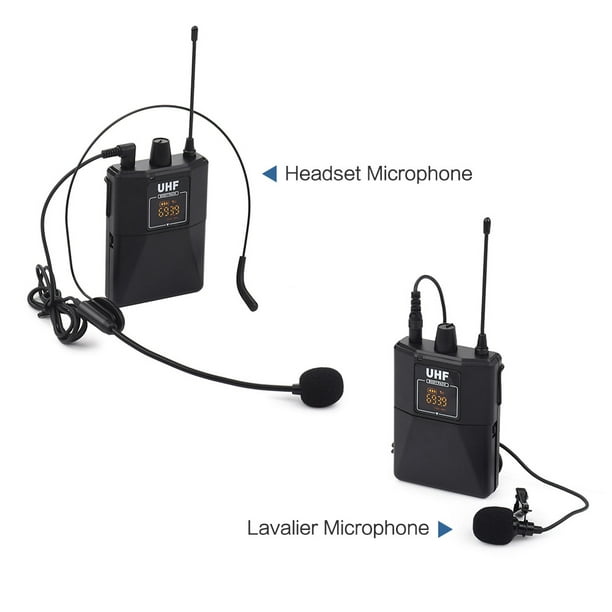 Labymos Ensemble de microphones sans fil double fréquence UHF avec 1  récepteur, 1 émetteur, 1 micro cravate, 1 micro casque pour l'enseignement,  les