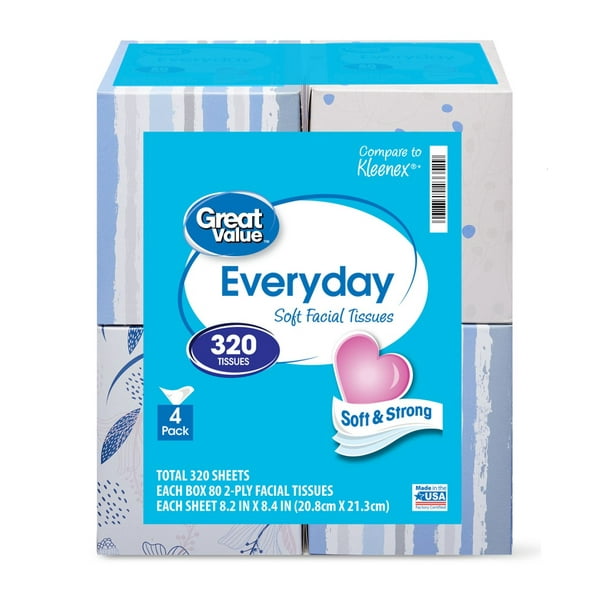 Great Value Everyday Facial Tissues, 320 Sheets, 4 Pack