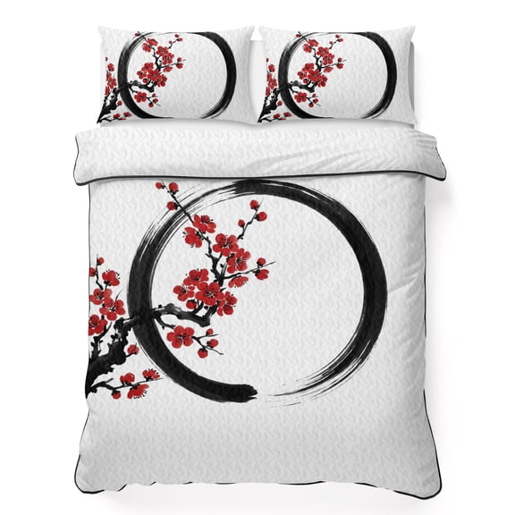 Quilts Queen Size Bedding Set, Cherry Blossom Lightweight Quilted Comforter, Asian Japanese Red Plum Flower Soft Reversible Bedspread Coverlet with Pillow Covers for All Season, 90" x 96"