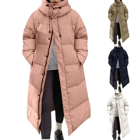 Fashion Plus Size Hooded Coats for Womens Winter Warm Solid Color Hooded Jacket Thick Jacket Long Length Over Knee Long Sleeved Jacket