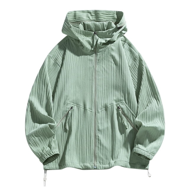 Veste Légère pour Homme à Capuche de Protection Solaire, Fermeture Éclair Complète, Cordon de Serrage, Rayée, Manteau d'Été Respirant pour la Pêche, la Randonnée, la Course Athlétique, Vert