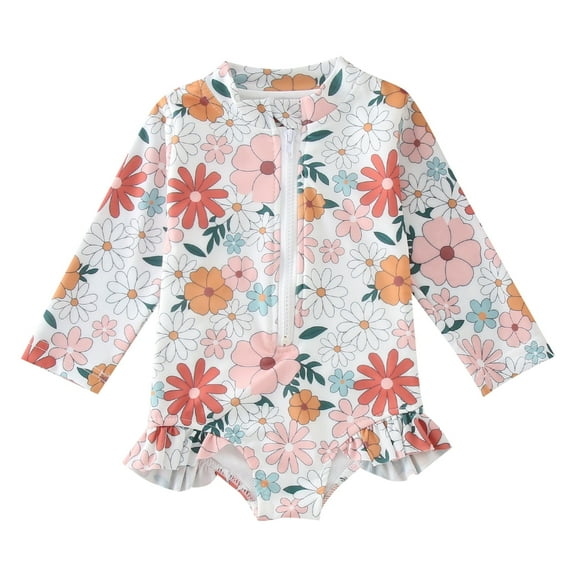 Girls Swimsuits Summer Long Sleeve Floral Prints 1 Piece Swimwear Beach Onesie Bikini Girls Bathing Suit,Size 18 Months-24 Months