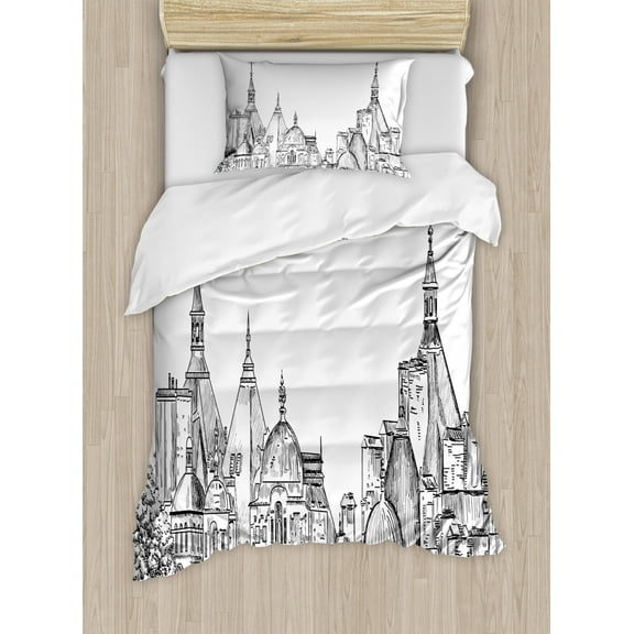 Modern Duvet Cover Set, European City Landscape Sketchy Painting with Landsmarks Image Print, Decorative 2 Piece Bedding Set with 1 Pillow Shams, Twin Size, Black and White, by Ambesonne