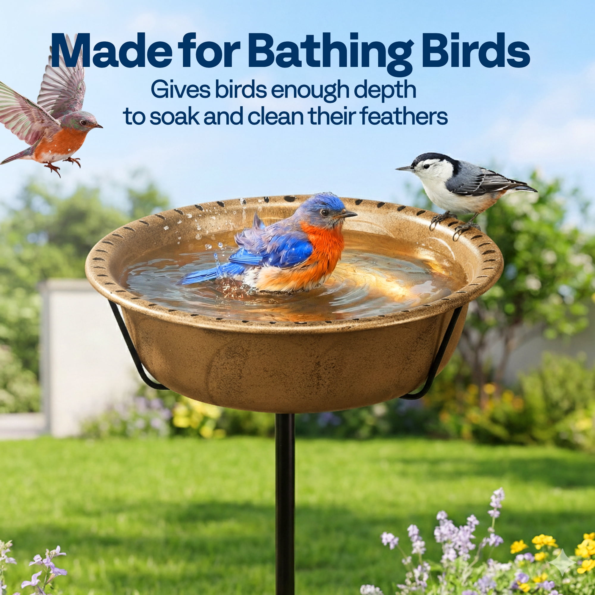 SPECSTAR Bird Bath for Outside, Outdoor 13'' Birdbath Bowl with Metal Ground Stake, Weather-Resistant ABS Bird Bath and Feeder for Garden, 1.45 Gallons, Copper