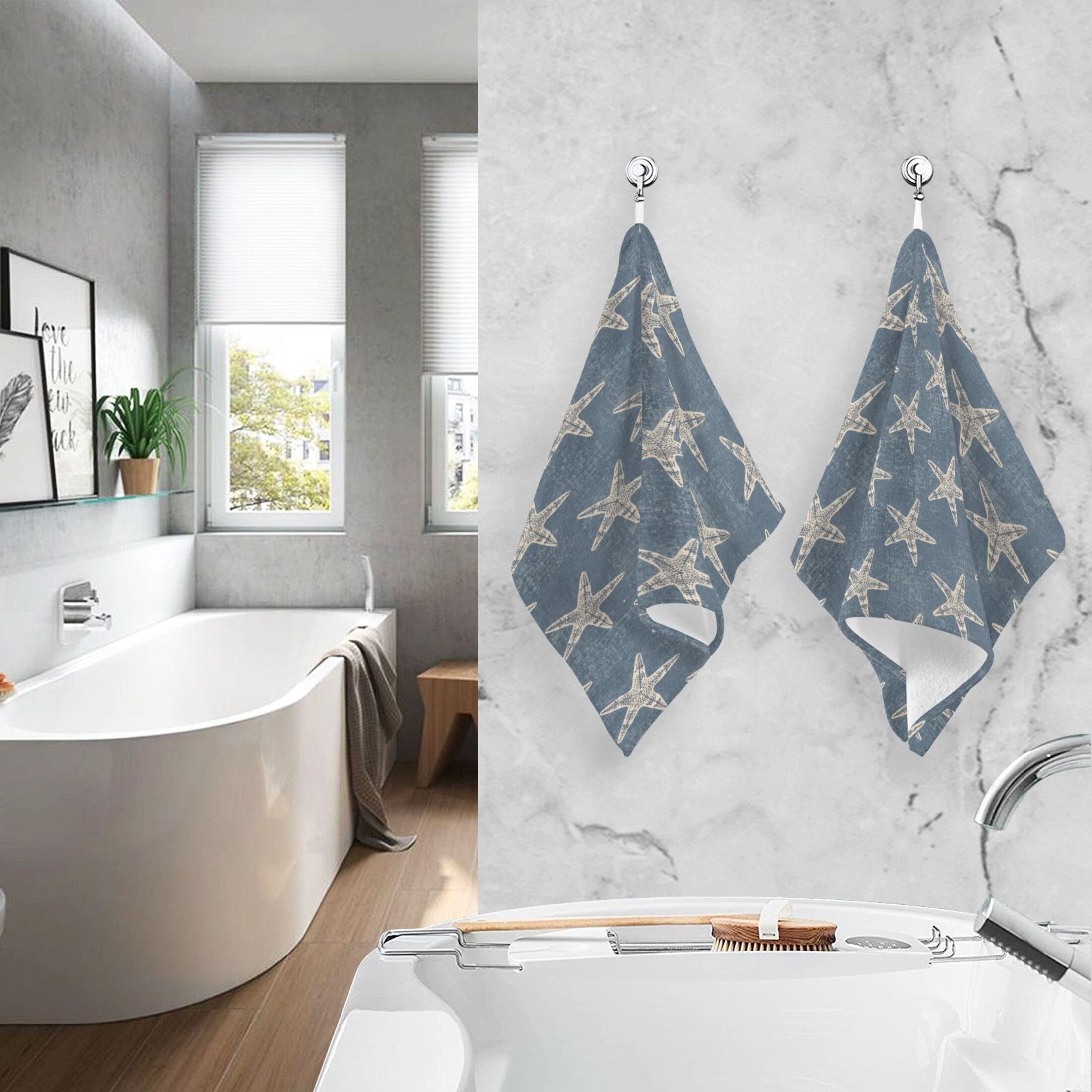 2 Pack 100% Cotton Towels Soft Absorbent Towel Set for Bathroom Beach Sports 16x28in Retro Coastal Starfish Design