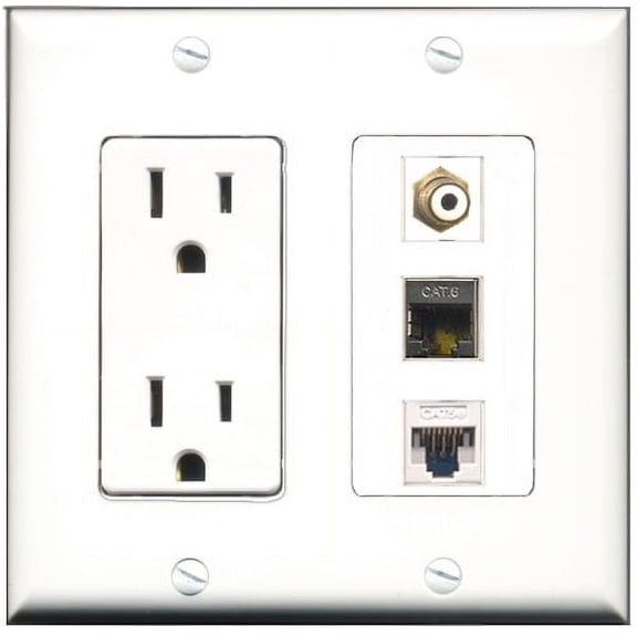 RiteAV - 15 Amp Power Outlet 1 Port RCA White 1 Port Shielded Cat6 Ethernet Ethernet 1 Port Cat5e Ethernet White Decorative Wall Plate