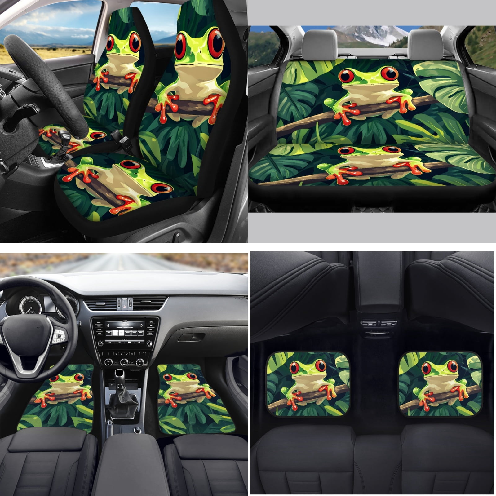 Yuyamidu Frog ar Seat Cover Full Set of 15 Palm Leaves Car Floor Mats Steering Wheel Cover Seat Belt Strap Pads Cup Coasters Gear Shift Knob Cover, Green