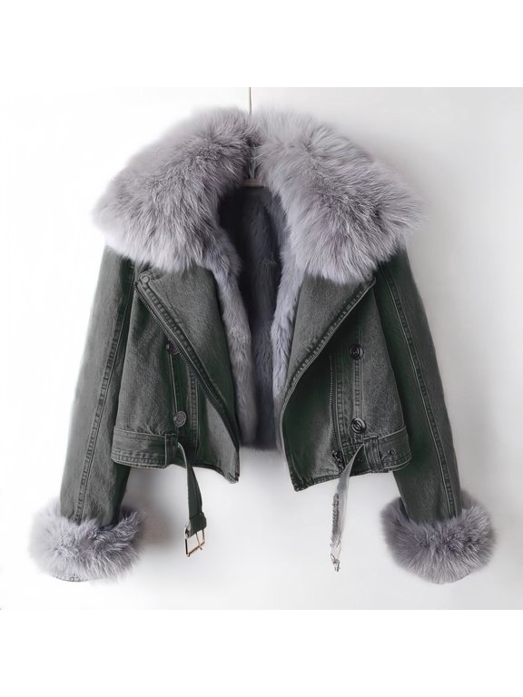 Women's Long-Sleeve Short Winter Gray Denim Jacket - Removable Faux Fur Collar & Cuffs, Zipper, Warm Thickened Coat, L
