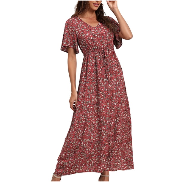 Vestido hasta el tobillo con estampado de manga corta suelto con cuello en V Vintage bohemio a la moda para mujer Fridja qw6795