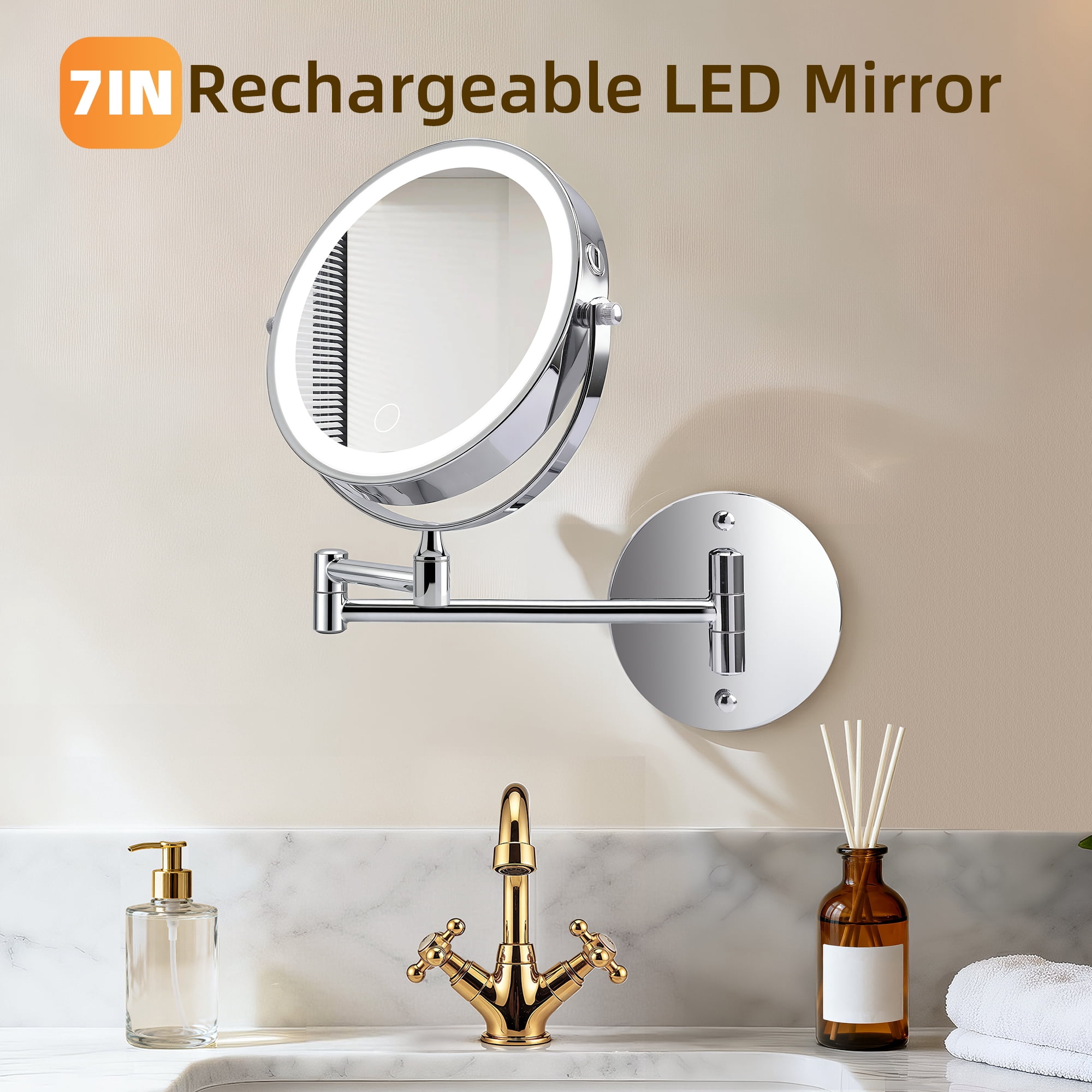 8-Inch Rechargeable Wall Mounted Makeup Mirror with Lights and 1X/10X Magnification, Double-Sided Bathroom Shaving Mirror, Chrome