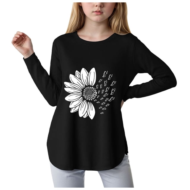 DXOUPM T-Shirt à Manches Longues pour Filles, Col Rond, Imprimé Floral, Hauts d'Automne, Vêtements Tendance pour Enfants