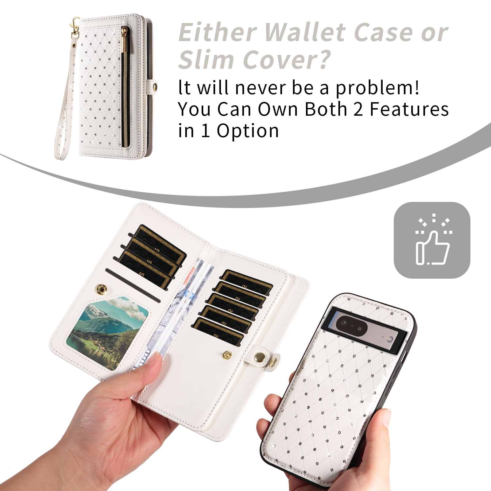 Asuwish Phone Case for Google Pixel 7 5G Zipper Wallet Detachable Cell Cover with Tempered Glass Screen Protector Crossbody Lanyard Strap Bling Glitter Flip Card Holder Slot Pixel7 Pixle Seven White