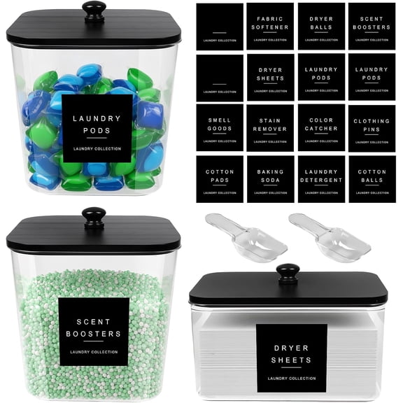3 Pack Laundry Pod Containers and Dryer Sheet Holder Acrylic Jars with Bamboo Lids and Labels Laundry Room Organization Containers for Scent Booster Powder Detergent Pods Storage