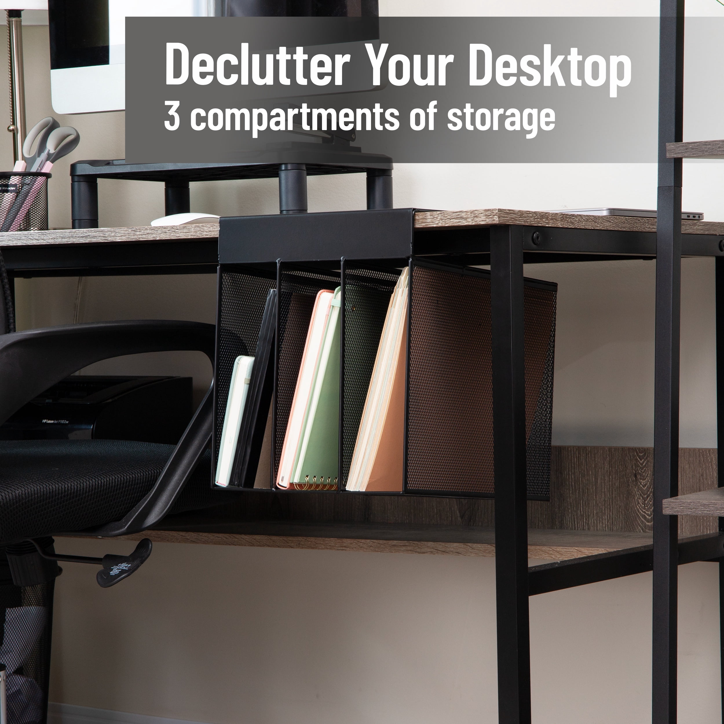 Mind Reader Slide-On Under Desk File Organizer, No Tools Required, Hanging Storage for Laptops, Folders, and Notebooks, Metal, Black