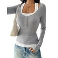 thumbnail image 6 of Lenpel Women's Long Sleeve T-Shirts Square Neck Quarter Button Color Block 2 in 1 Slim Tee Tops Soft Casual Blouses(Gray,X-Large), 6 of 6
