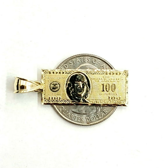 10k yellow gold 100 dollar bill money lucky pendant charm fine jewelry 1.7g