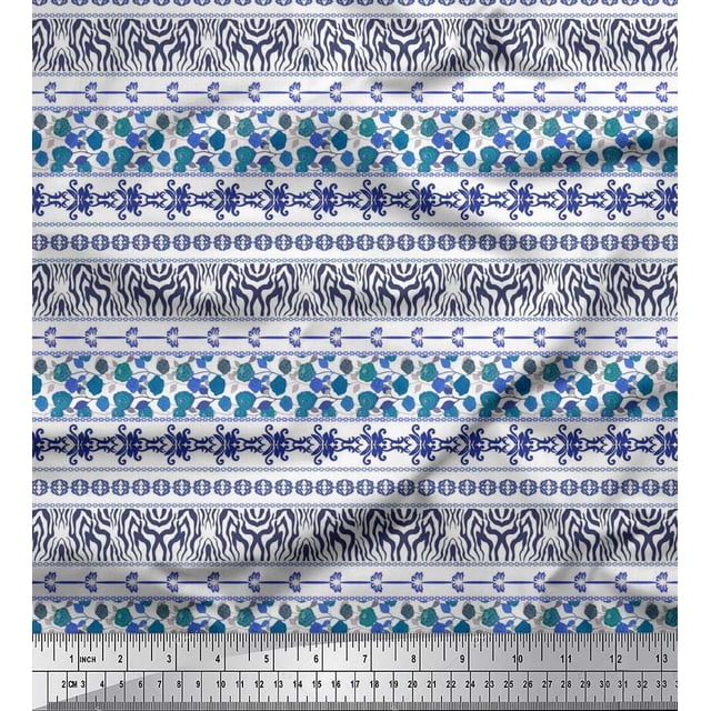 Soimoi Blue Crepe Silk Fabric Rose & Wild Animal Skin Patchwork Print Sewing Fabric BTY 42 Inch Wide