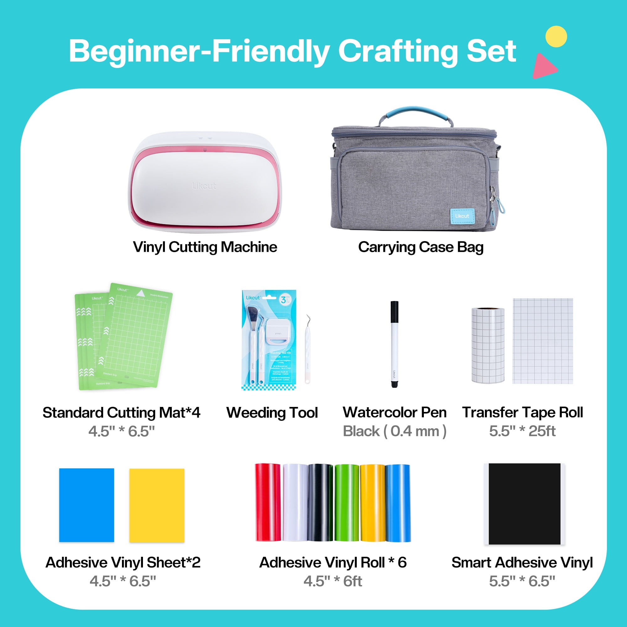 Likcut Vinyl Cutter Machine- Beginner Kit, Upgrade Cutting Mats and Tool Set Bundle for DIY Joy, Portable Smart Cutting Tool for Crafter, Beginner Craft Cutting Machine with Starting Materials, Pink