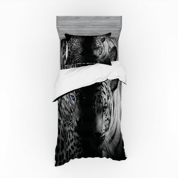 Ambesonne Black and White Bedding Set 3 Pcs, Wild Leopards, Twin, Black White Blue