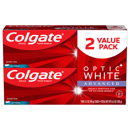 ((Best By 04/2025))Colgate Optic White Advanced Teeth Whitening Toothpaste, Icy Fresh, 3.2 Oz, 2 Ct