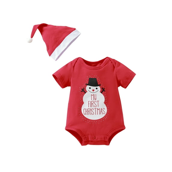 Qmyliery Baby Jumpsuit Cap Short Sleeve Christmas Snowflake Print Romper Suit