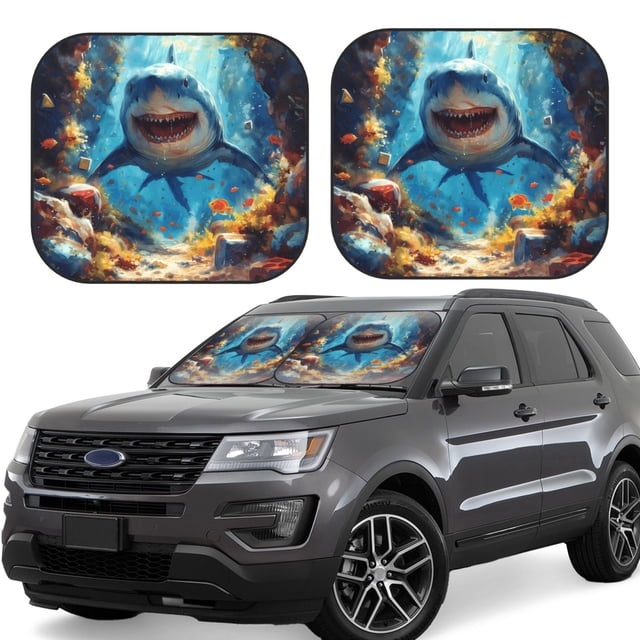 Balery Colorful Underwater Shark Parasol para parabrisas de coche de 2 piezas | Parasol plegable para parabrisas delantero de coche para la mayoría de sedanes-Small