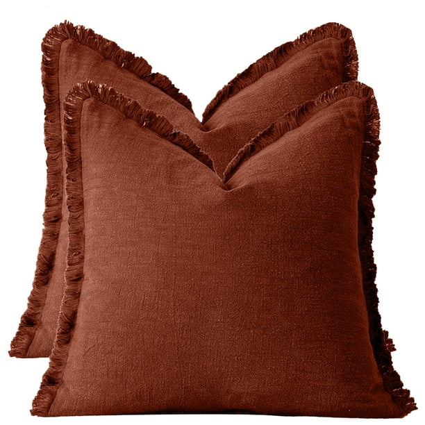 Juego de 2 fundas de almohada de 18 x 18 pulgadas con borde de borlas para sala de estar de estilo rústico, algodón suave y lino acogedor, funda de almohada beige con flecos