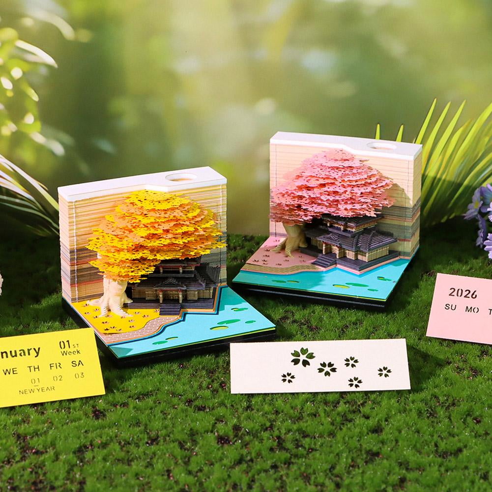 3D Calendar 2026 Unique Paper Sculpture Tree House Calendar with Lights Design, Creative 3D Non-Sticky Note DIY Paper Memo Pad for Desk Decor Christmas Birthday Gift