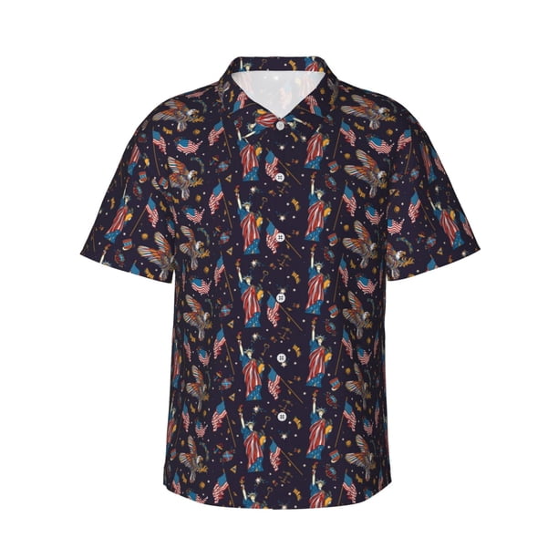 Fotbe Statue Of Liberty Eagle Camisa Hawaiana para Hombre Unisex – Camisa Casual de Verano con Botones de Manga Corta de Algodón y Lino,X-Large