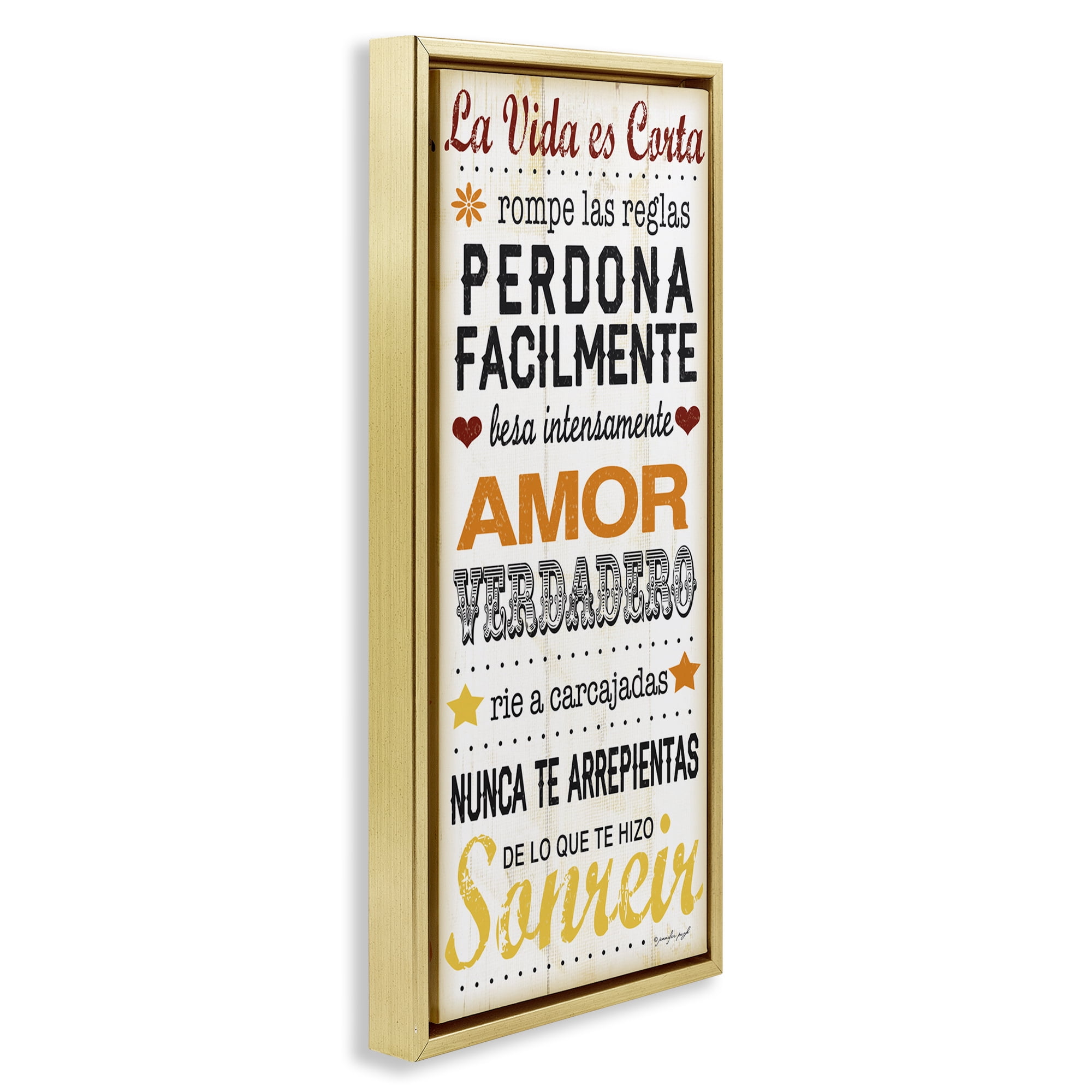Stupell Industries La Vida es Corta Inspirational Quotes & Sayings Painting Gold Floater Framed Art Print Wall Art, 14 x 31