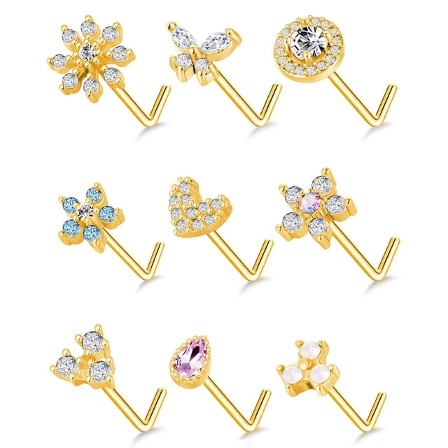 Laklulu 9 piezas elegantes y simples de acero inoxidable con forma de L y circonita para la nariz