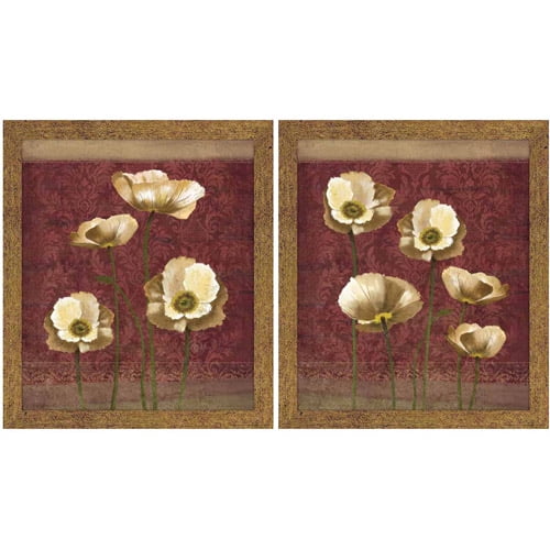 Burgundy and Gold Floral Wall Art, Set of 2