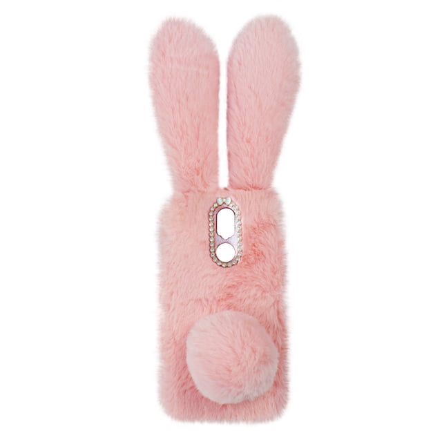 Plush Phone Cover Rabbit Ear Four Seasons All-Match Warm Rhinestone Camera Frame TPU Phone Case Phone Shell Compatible with LG K40 (Pink)