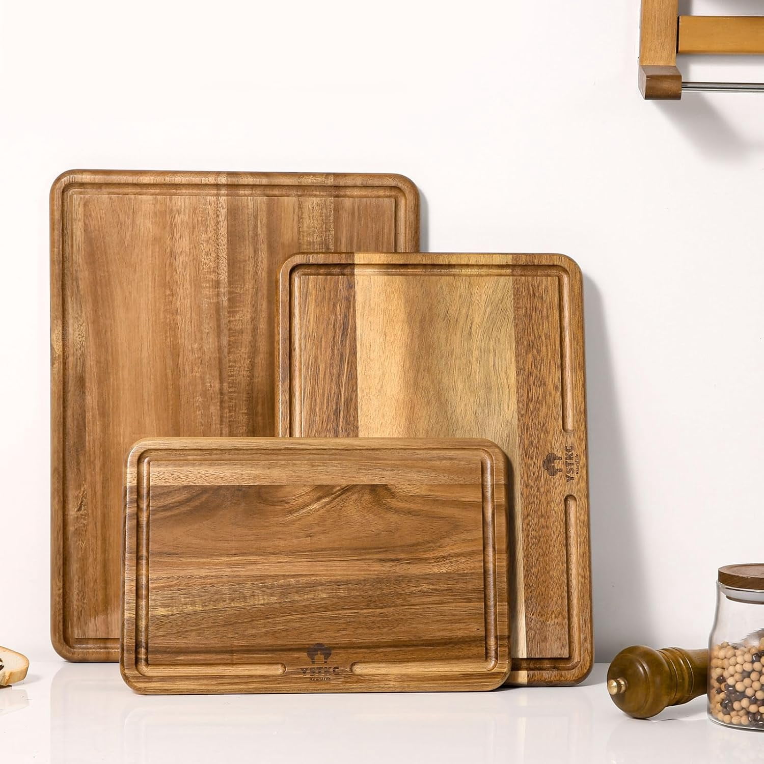 Acacia Wood Cutting Board Set Of 3 With Holder - Wooden Chopping Boards With Juice Grooves For Meat, Vegetables, Fruits